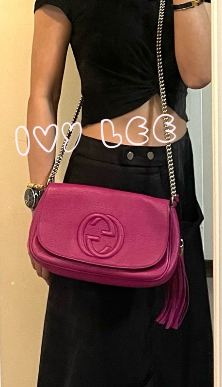 GUCCI SOHO流蘇 桃紅金鍊包 雙G立體LOGO 牛皮扣式 斜背包 肩背包 336752 二手精品-20