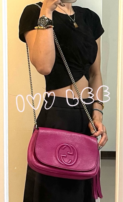 GUCCI SOHO流蘇 桃紅金鍊包 雙G立體LOGO 牛皮扣式 斜背包 肩背包 336752 二手精品-21