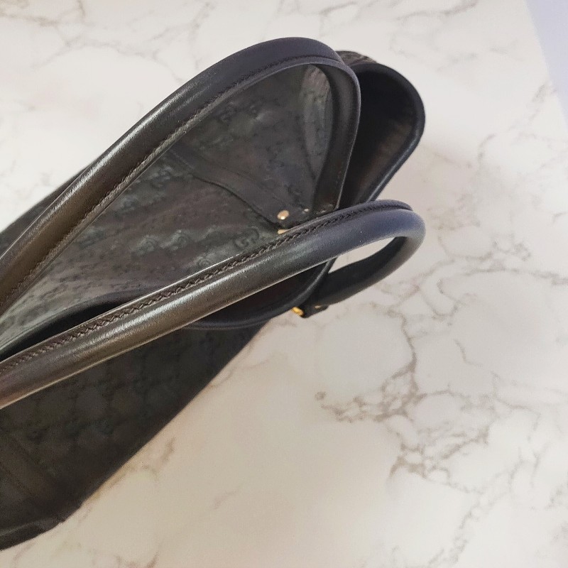 （已售出）9成新正品gucci 經典雙G LOGO皮革壓紋橫式托特包.深咖-3