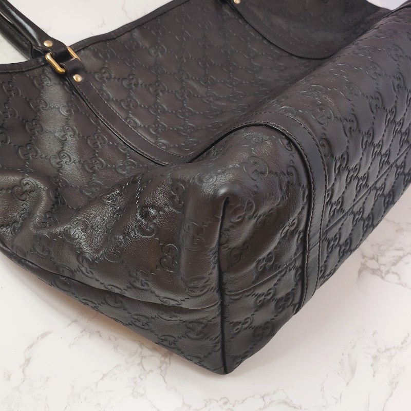 （已售出）9成新正品gucci 經典雙G LOGO皮革壓紋橫式托特包.深咖-11