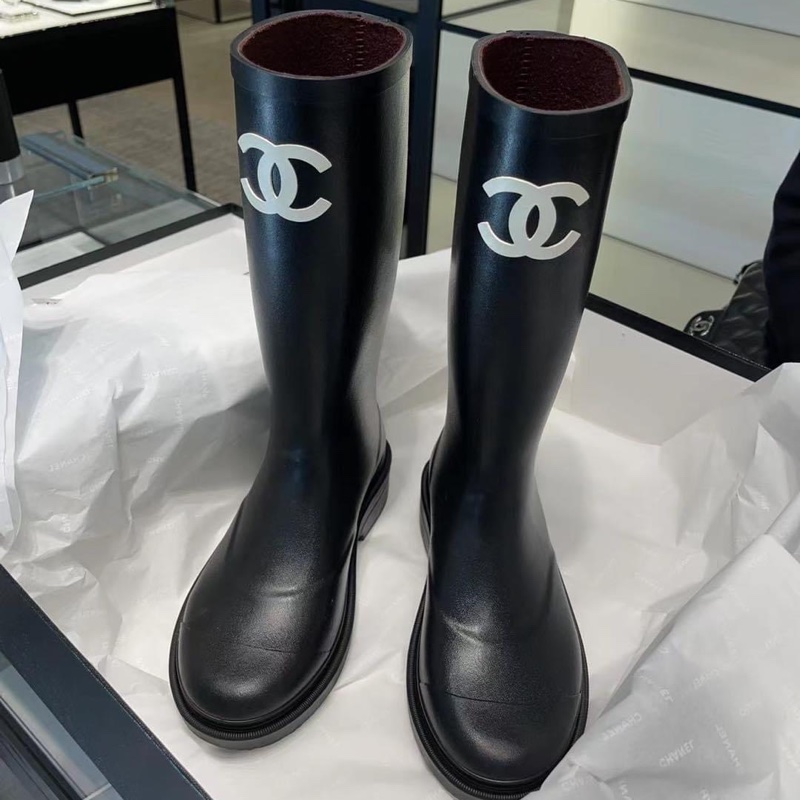 Chanel 香奈兒 經典雙C LOGO 橡膠長筒雨靴 雨鞋 黑色/39碼-0