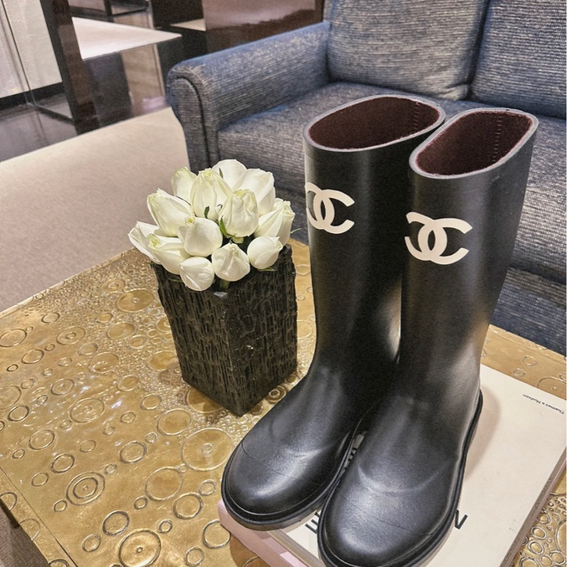 Chanel 香奈兒 經典雙C LOGO 橡膠長筒雨靴 雨鞋 黑色/39碼-1
