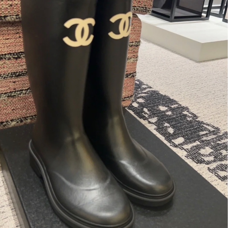 Chanel 香奈兒 經典雙C LOGO 橡膠長筒雨靴 雨鞋 黑色/39碼-2