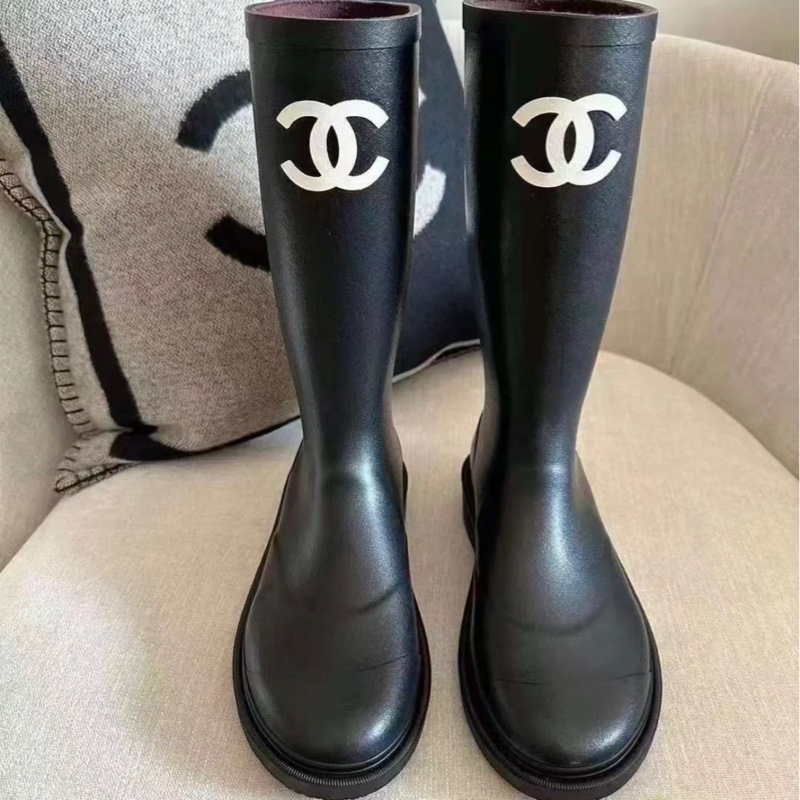 Chanel 香奈兒 經典雙C LOGO 橡膠長筒雨靴 雨鞋 黑色/39碼-3