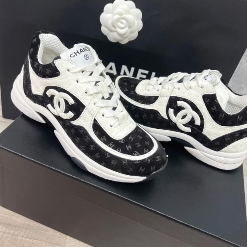 Chanel 香奈兒 經典雙C LOGO 滿版暗紋小LOGO運動鞋 熊貓鞋 黑白/39碼-1
