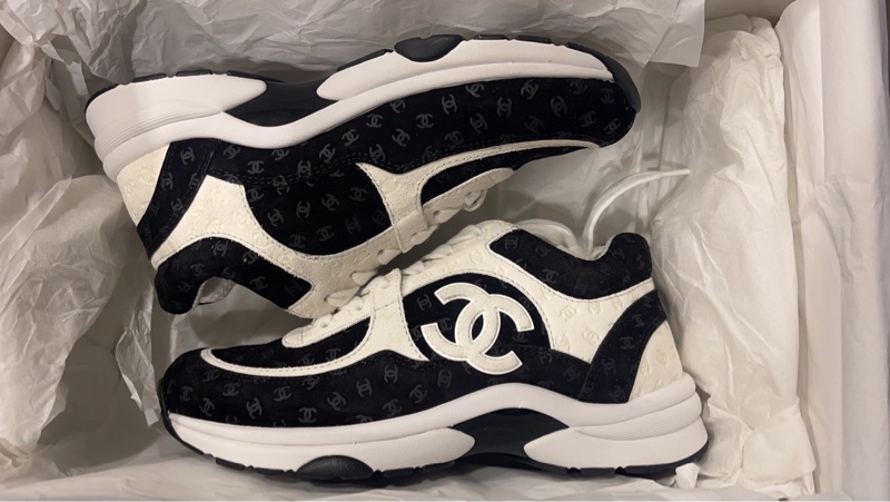Chanel 香奈兒 經典雙C LOGO 滿版暗紋小LOGO運動鞋 熊貓鞋 黑白/39碼-3