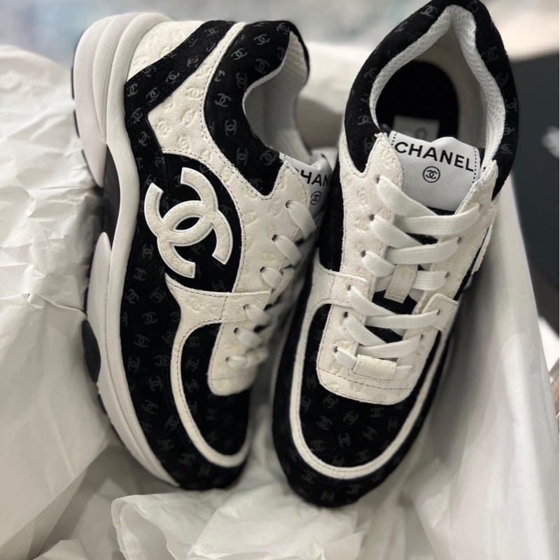 Chanel 香奈兒 經典雙C LOGO 滿版暗紋小LOGO運動鞋 熊貓鞋 黑白/39碼-4