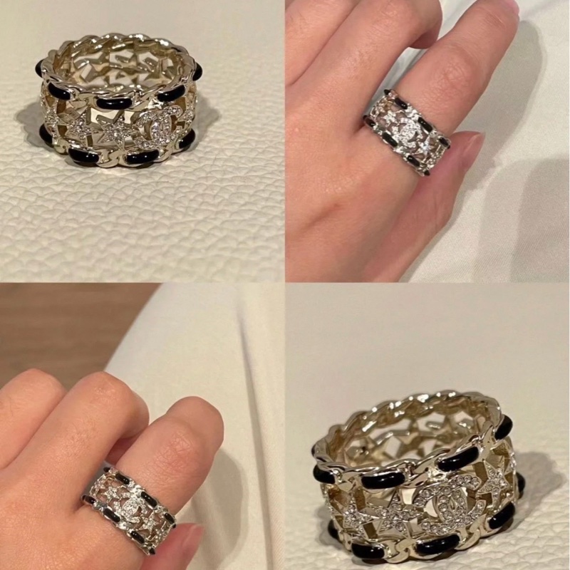 Chanel 香奈兒 經典雙C LOGO 星星元素琺瑯鏤空 戒指 金色/52碼-0