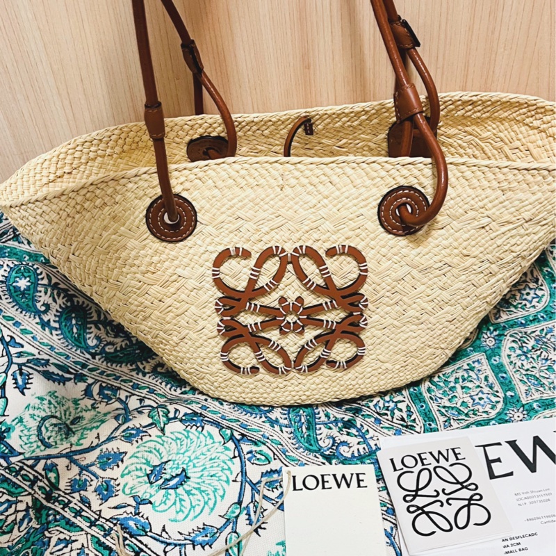 Loewe Anagram 伊拉卡棕櫚葉拼小牛皮 編織草籃 菜籃 小號-0