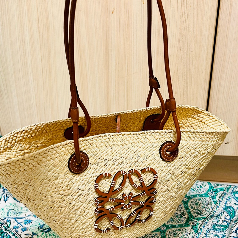 Loewe Anagram 伊拉卡棕櫚葉拼小牛皮 編織草籃 菜籃 小號-2