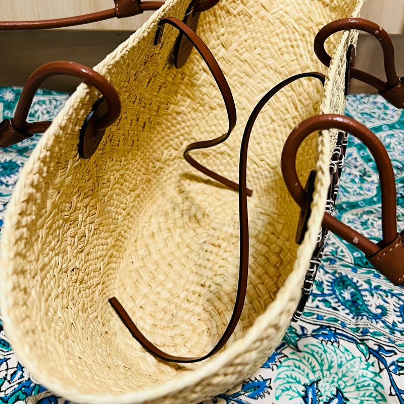 Loewe Anagram 伊拉卡棕櫚葉拼小牛皮 編織草籃 菜籃 小號-3