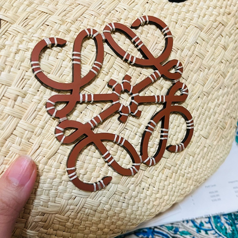 Loewe Anagram 伊拉卡棕櫚葉拼小牛皮 編織草籃 菜籃 小號-5