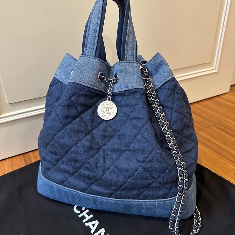 Chanel牛仔布拼色格紋後背包縮口包肩背包吊牌牛仔布穿鍊-0
