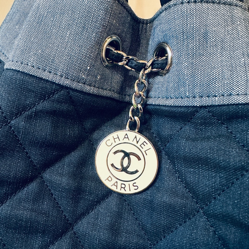 Chanel牛仔布拼色格紋後背包縮口包肩背包吊牌牛仔布穿鍊-1
