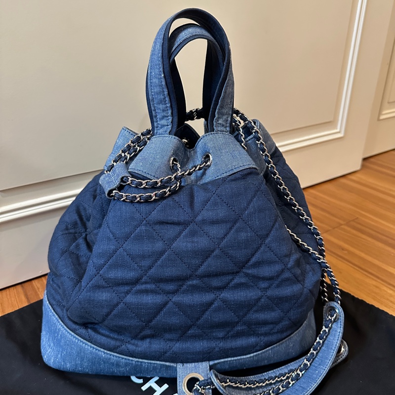 Chanel牛仔布拼色格紋後背包縮口包肩背包吊牌牛仔布穿鍊-2