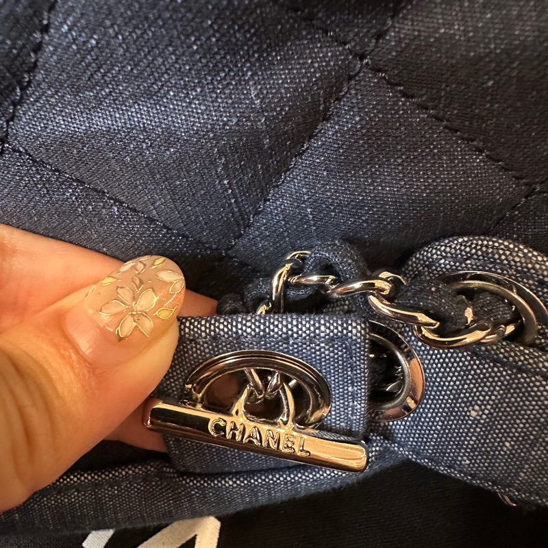 Chanel牛仔布拼色格紋後背包縮口包肩背包吊牌牛仔布穿鍊-3