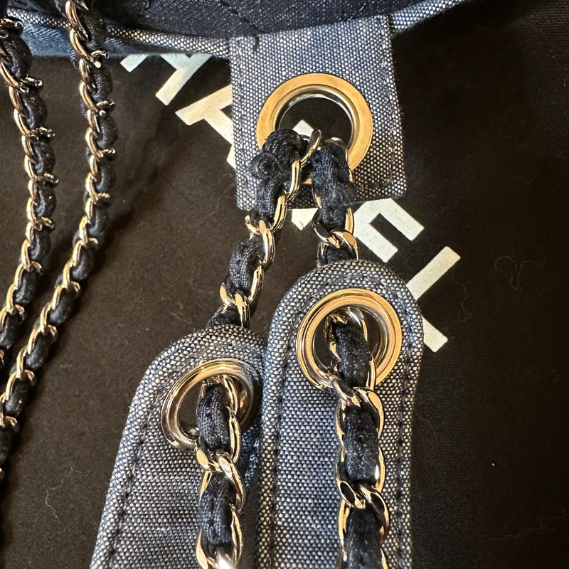 Chanel牛仔布拼色格紋後背包縮口包肩背包吊牌牛仔布穿鍊-4