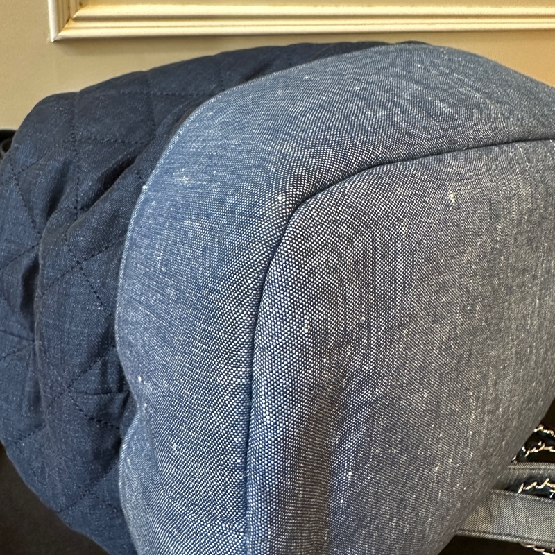 Chanel牛仔布拼色格紋後背包縮口包肩背包吊牌牛仔布穿鍊-5