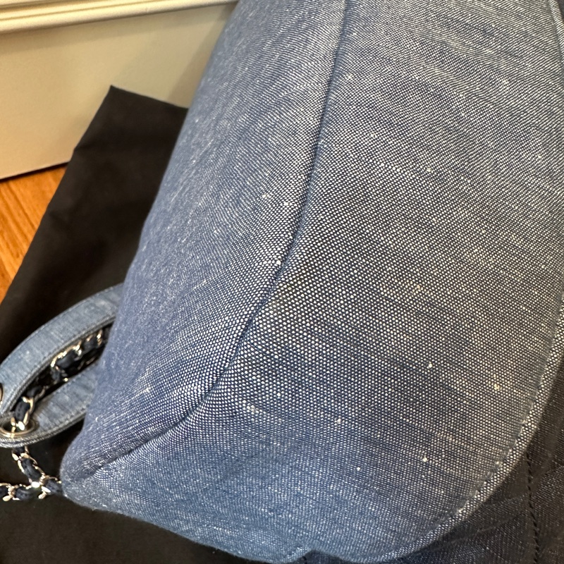 Chanel牛仔布拼色格紋後背包縮口包肩背包吊牌牛仔布穿鍊-6