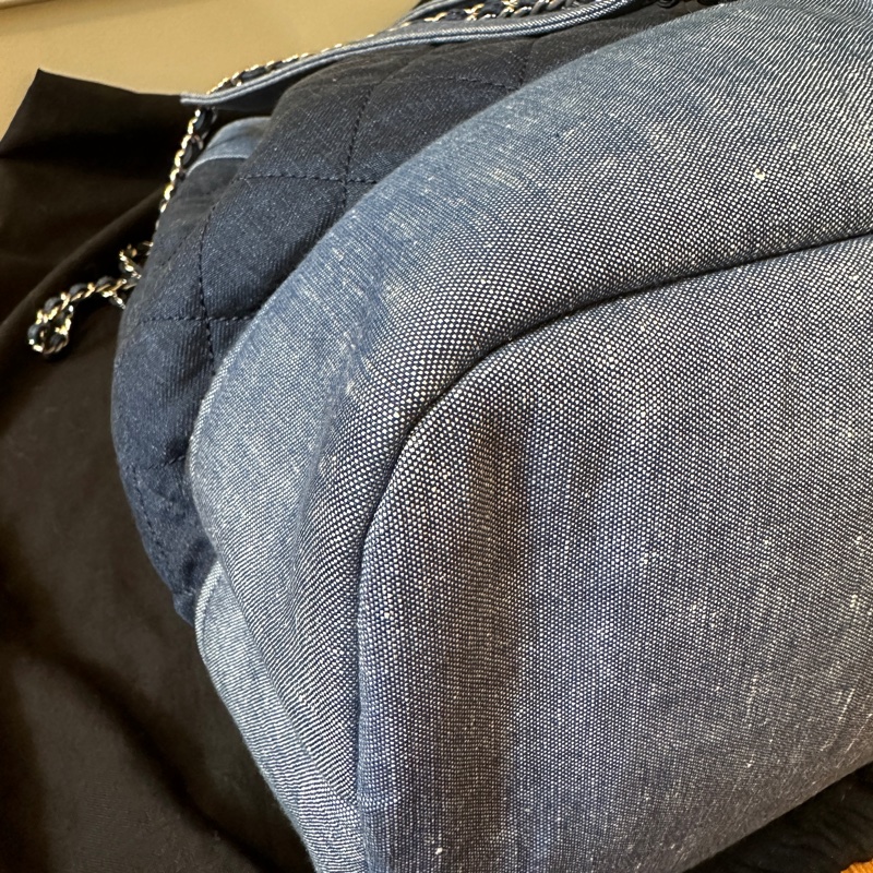 Chanel牛仔布拼色格紋後背包縮口包肩背包吊牌牛仔布穿鍊-7