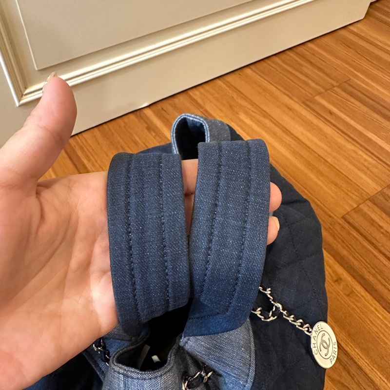 Chanel牛仔布拼色格紋後背包縮口包肩背包吊牌牛仔布穿鍊-9