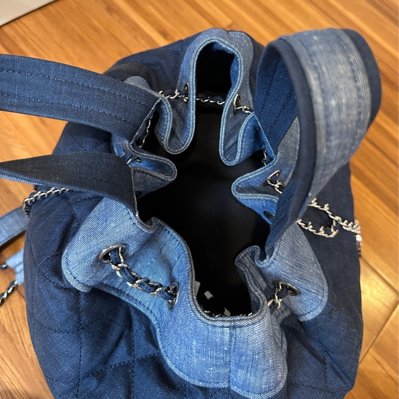 Chanel牛仔布拼色格紋後背包縮口包肩背包吊牌牛仔布穿鍊-10