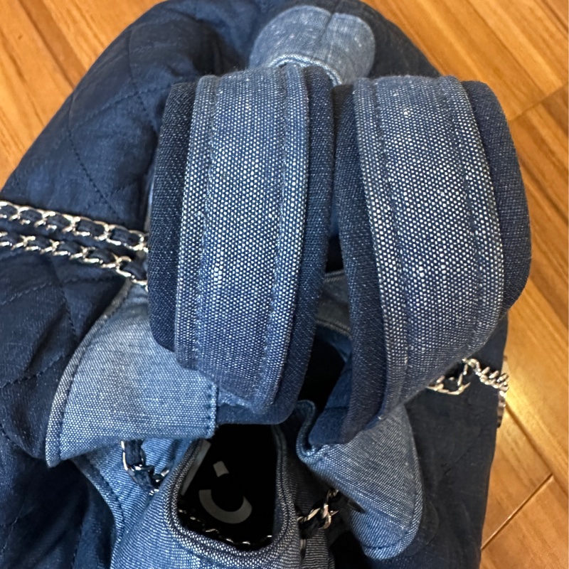 Chanel牛仔布拼色格紋後背包縮口包肩背包吊牌牛仔布穿鍊-11