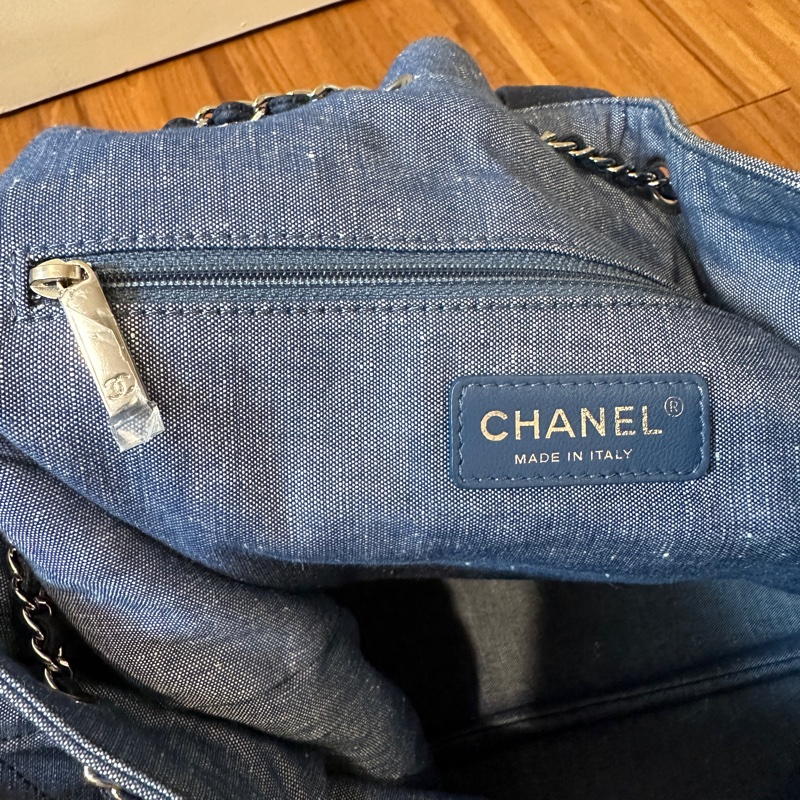 Chanel牛仔布拼色格紋後背包縮口包肩背包吊牌牛仔布穿鍊-12