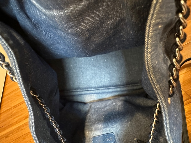 Chanel牛仔布拼色格紋後背包縮口包肩背包吊牌牛仔布穿鍊-13