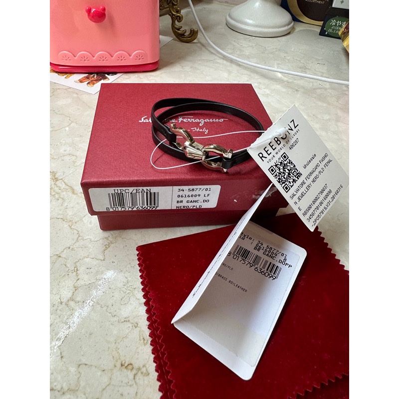 全新菲拉格慕 Salvatore Ferragamo 手環手鍊黑色真皮銀扣-3