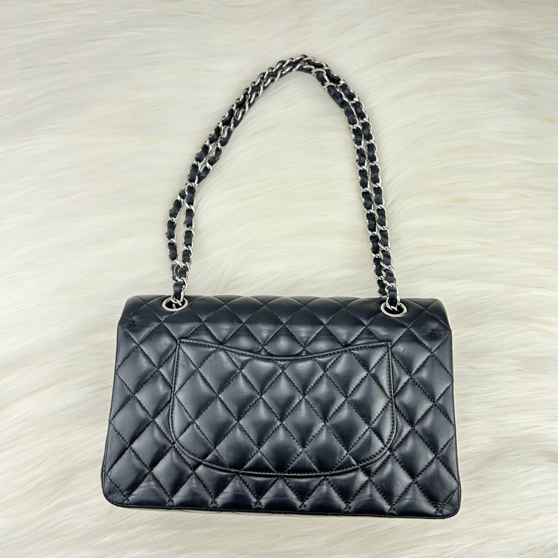 CHANEL Classic flap 中號 cf 25 羊皮銀鍊  黑色雙蓋 超美經典款式-5