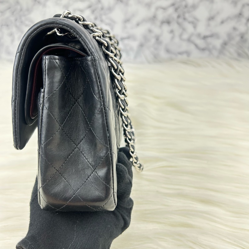 CHANEL Classic flap 中號 cf 25 羊皮銀鍊  黑色雙蓋 超美經典款式-8