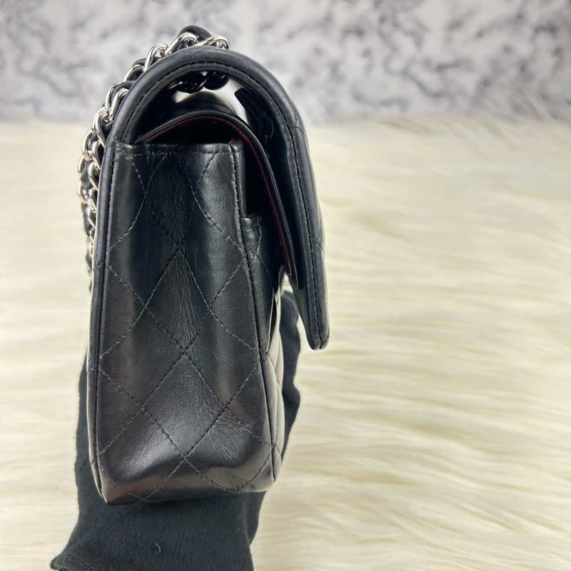 CHANEL Classic flap 中號 cf 25 羊皮銀鍊  黑色雙蓋 超美經典款式-9