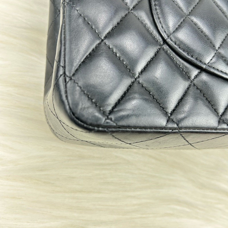 CHANEL Classic flap 中號 cf 25 羊皮銀鍊  黑色雙蓋 超美經典款式-13