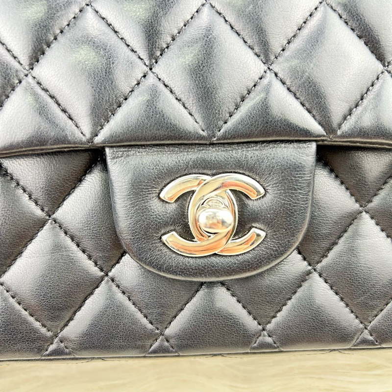 CHANEL Classic flap 中號 cf 25 羊皮銀鍊  黑色雙蓋 超美經典款式-20