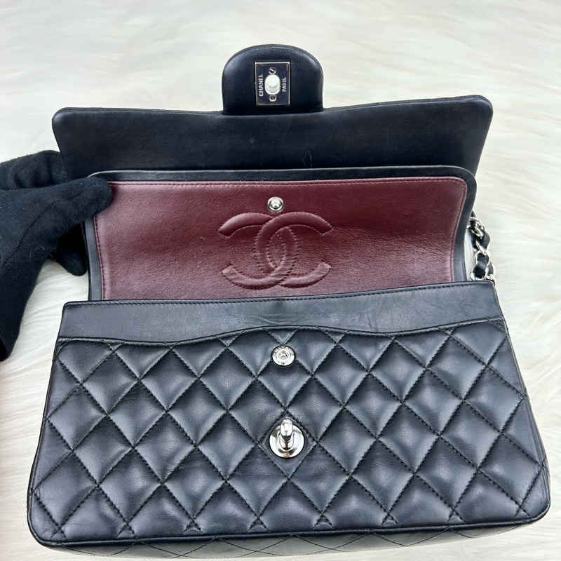 CHANEL Classic flap 中號 cf 25 羊皮銀鍊  黑色雙蓋 超美經典款式-23