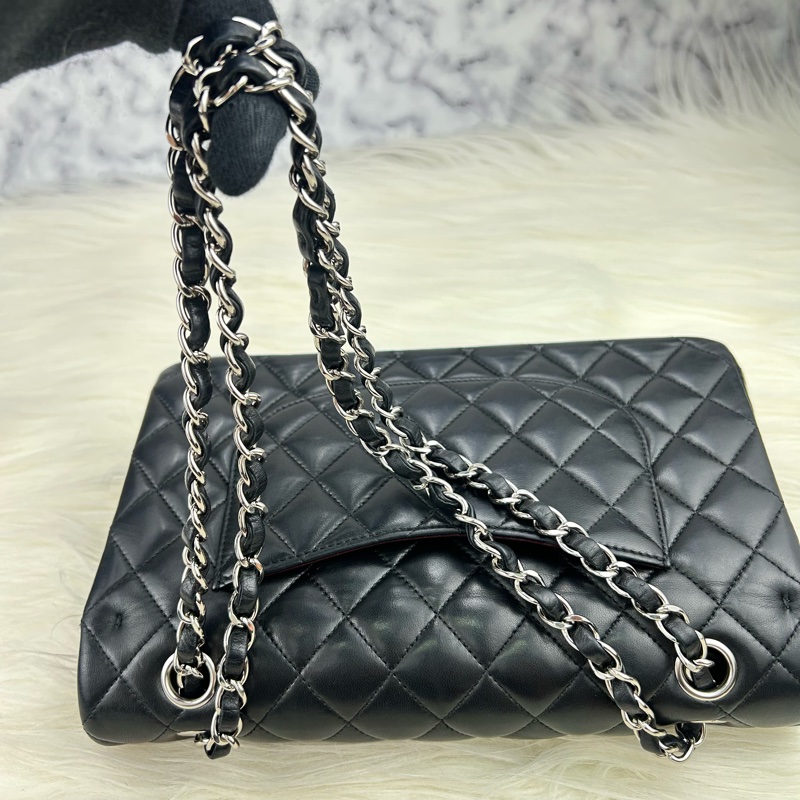 CHANEL Classic flap 中號 cf 25 羊皮銀鍊  黑色雙蓋 超美經典款式-29