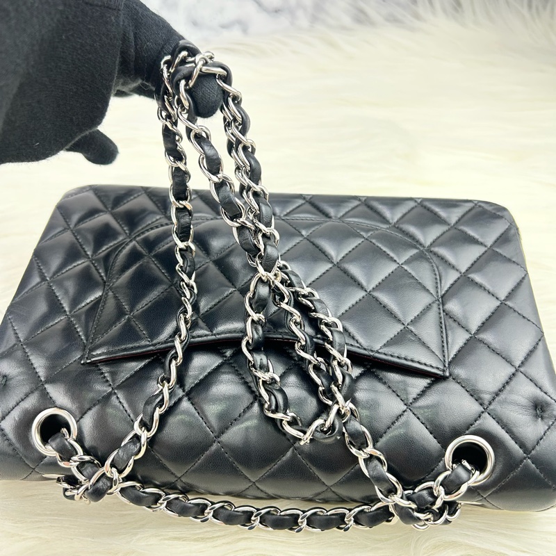 CHANEL Classic flap 中號 cf 25 羊皮銀鍊  黑色雙蓋 超美經典款式-30