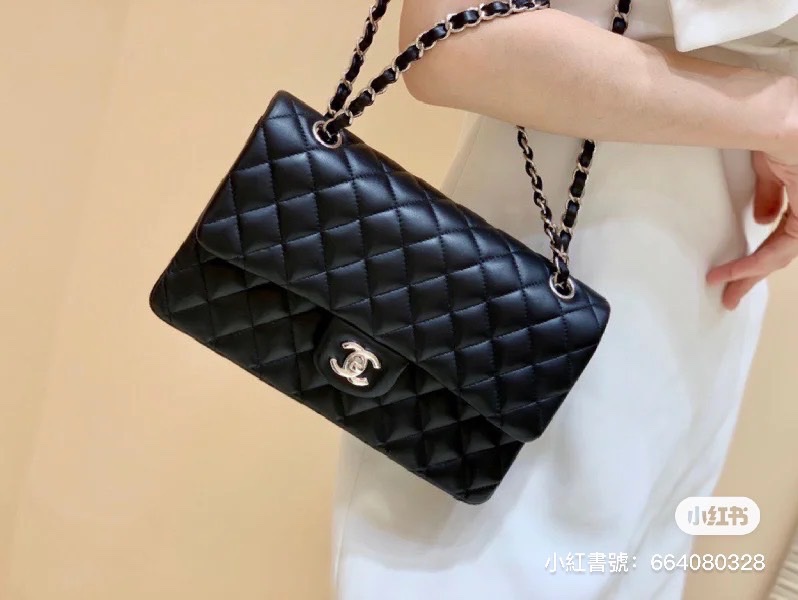 CHANEL Classic flap 中號 cf 25 羊皮銀鍊  黑色雙蓋 超美經典款式-31