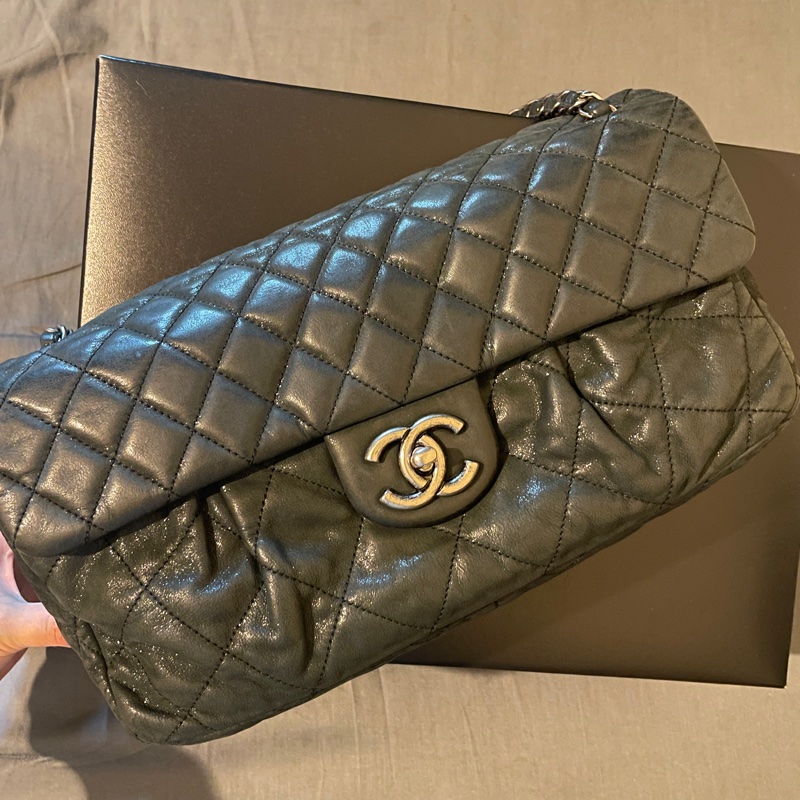 Chanel Coco Pleats Flap 季節款CF 珠光深灰綠牛皮-5