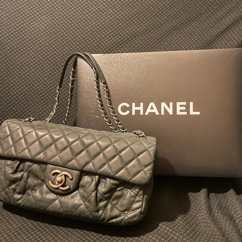 Chanel Coco Pleats Flap 季節款CF 珠光深灰綠牛皮-3