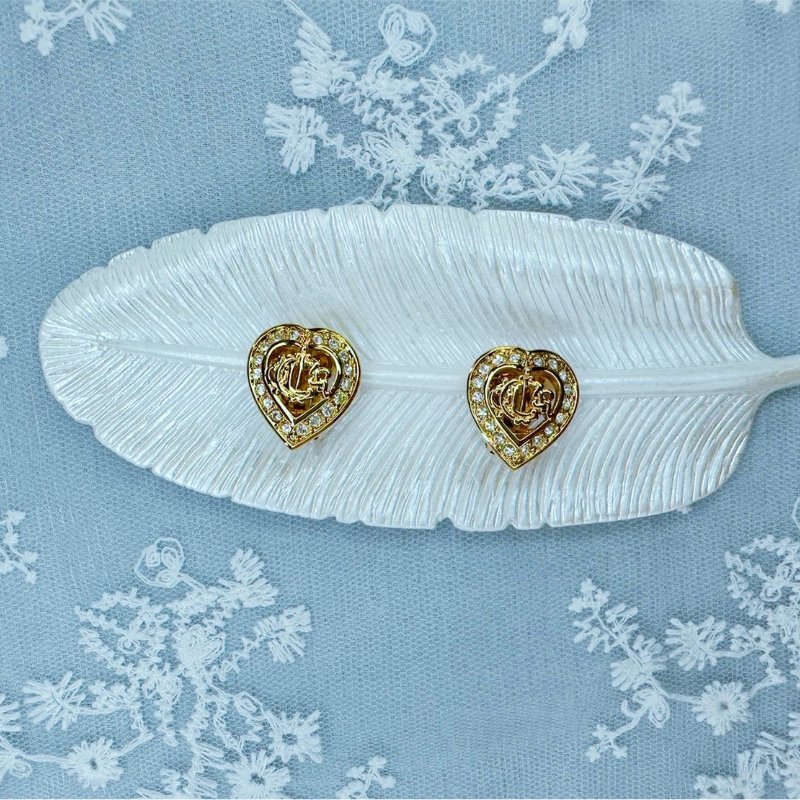 Christian Dior 金色徽章水鑽心型耳夾 Vintage 美品 南瓜馬車系列✨-0
