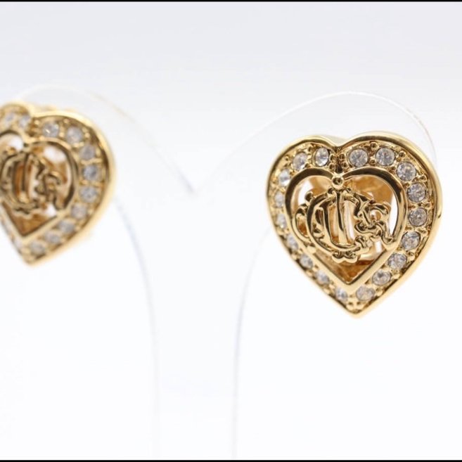 Christian Dior 金色徽章水鑽心型耳夾 Vintage 美品 南瓜馬車系列✨-6