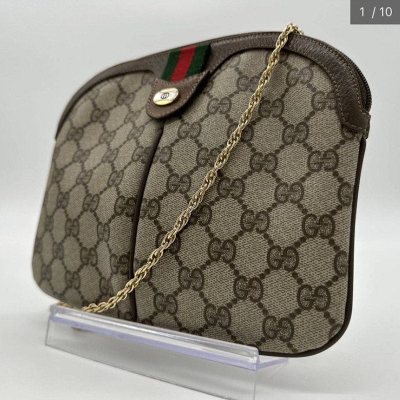 GUCCI 經典雪莉 麻花金鏈 復古棕色單肩包 Vintage-0