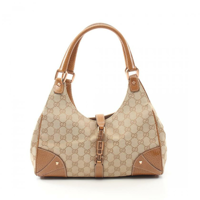 【日本直送】 中古GUCCI[B]New Jackie GG帆布 肩包 真皮 米色 淺棕色-0