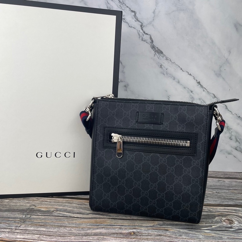 GUCCI 523599 經典GG Supreme藍紅藍織帶拉鍊 #郵差包/ #斜背包 / #肩背包-0