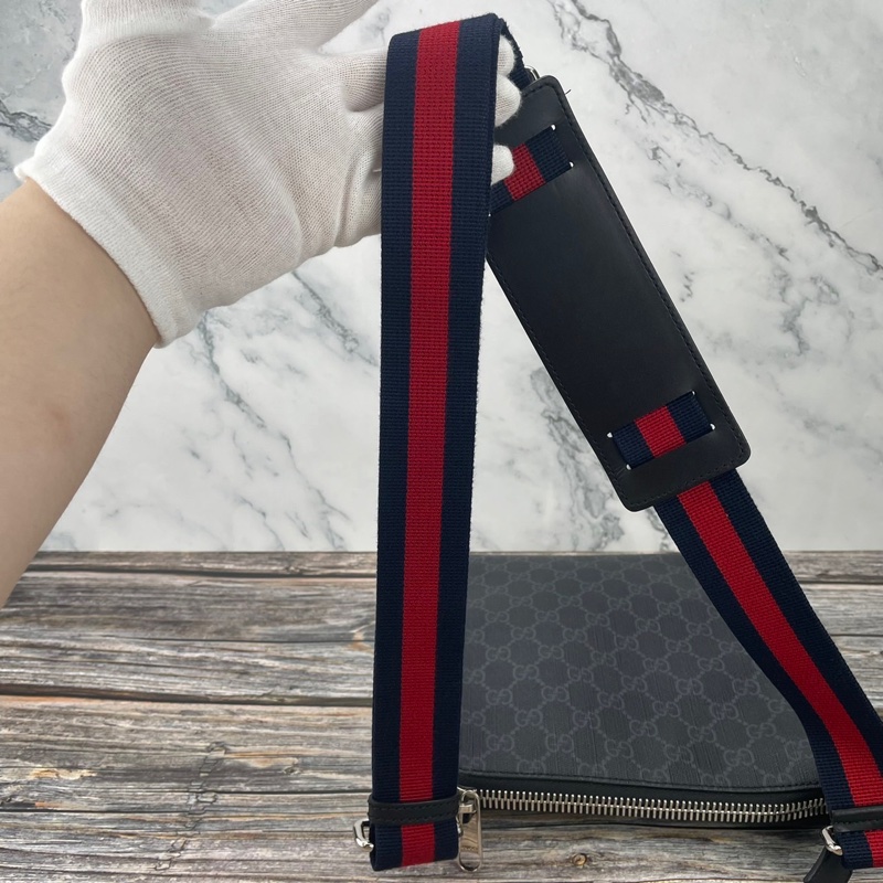 GUCCI 523599 經典GG Supreme藍紅藍織帶拉鍊 #郵差包/ #斜背包 / #肩背包-25