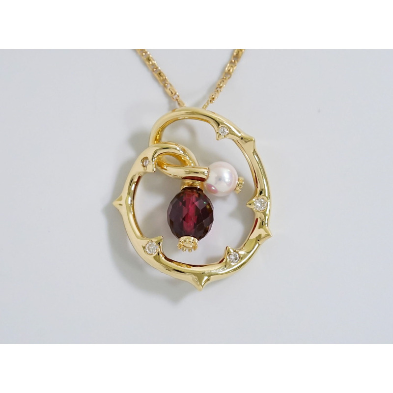 正品御木本 MIKIMOTO 珍珠 5 毫米紫色石英鑽石 5P 750 K18 YG 項鍊吊墜黃色黃金白色紫色配件珠寶二手-1