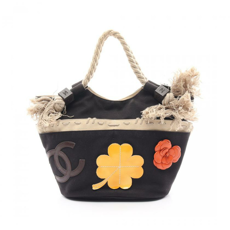 【日本直送】 中古CHANEL[BC]fishnet 雙C標誌 山茶花 帆布手提包托特包 絨面革 小羊皮 釉面皮 黑色 象牙白 多彩色-0