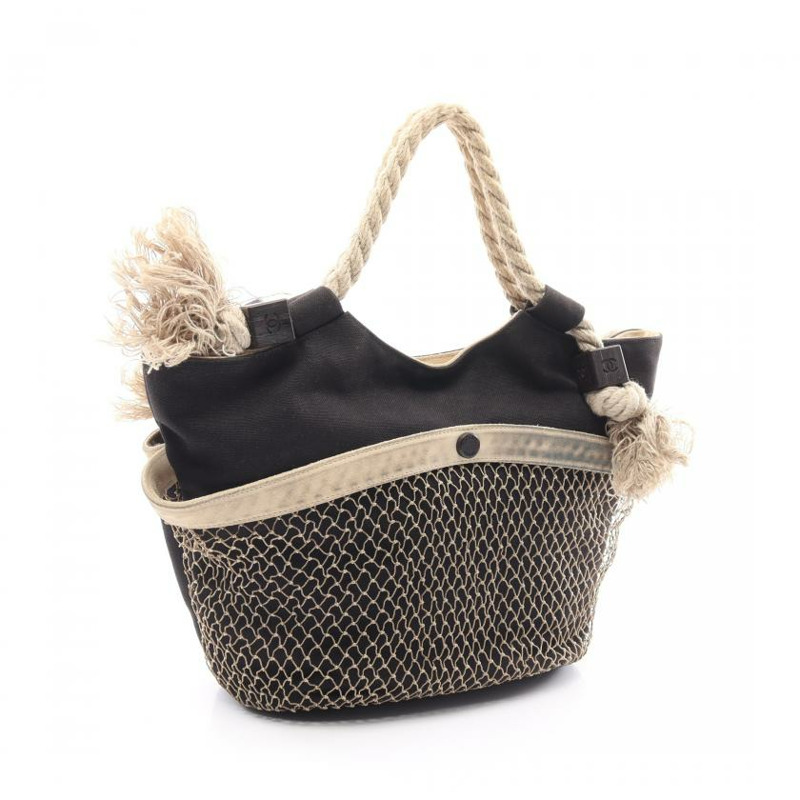 【日本直送】 中古CHANEL[BC]fishnet 雙C標誌 山茶花 帆布手提包托特包 絨面革 小羊皮 釉面皮 黑色 象牙白 多彩色-1